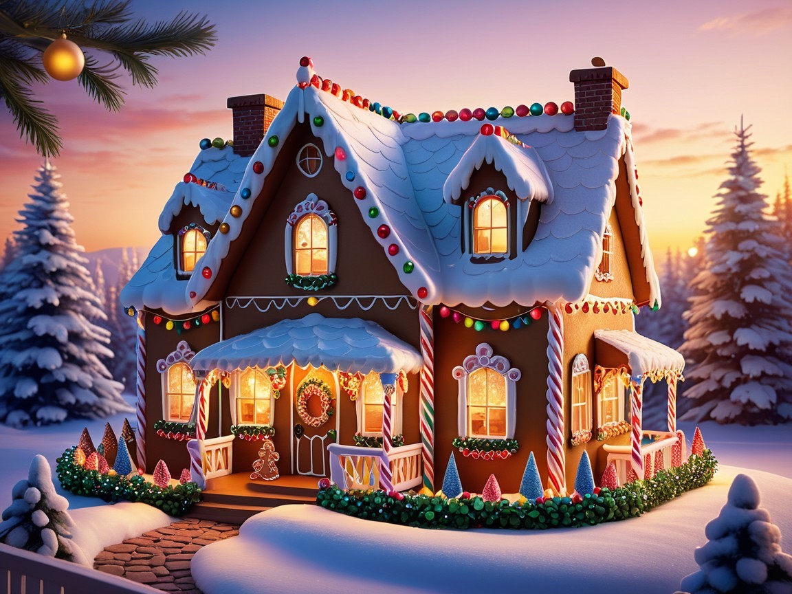 Gingerbread House in a Winter Wonderland Setting