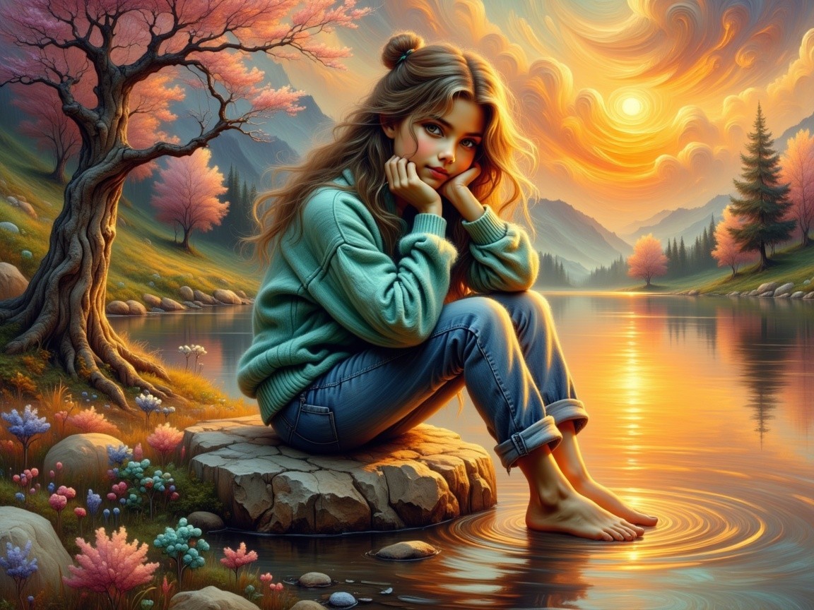 Young Girl by Tranquil Lake at Sunset