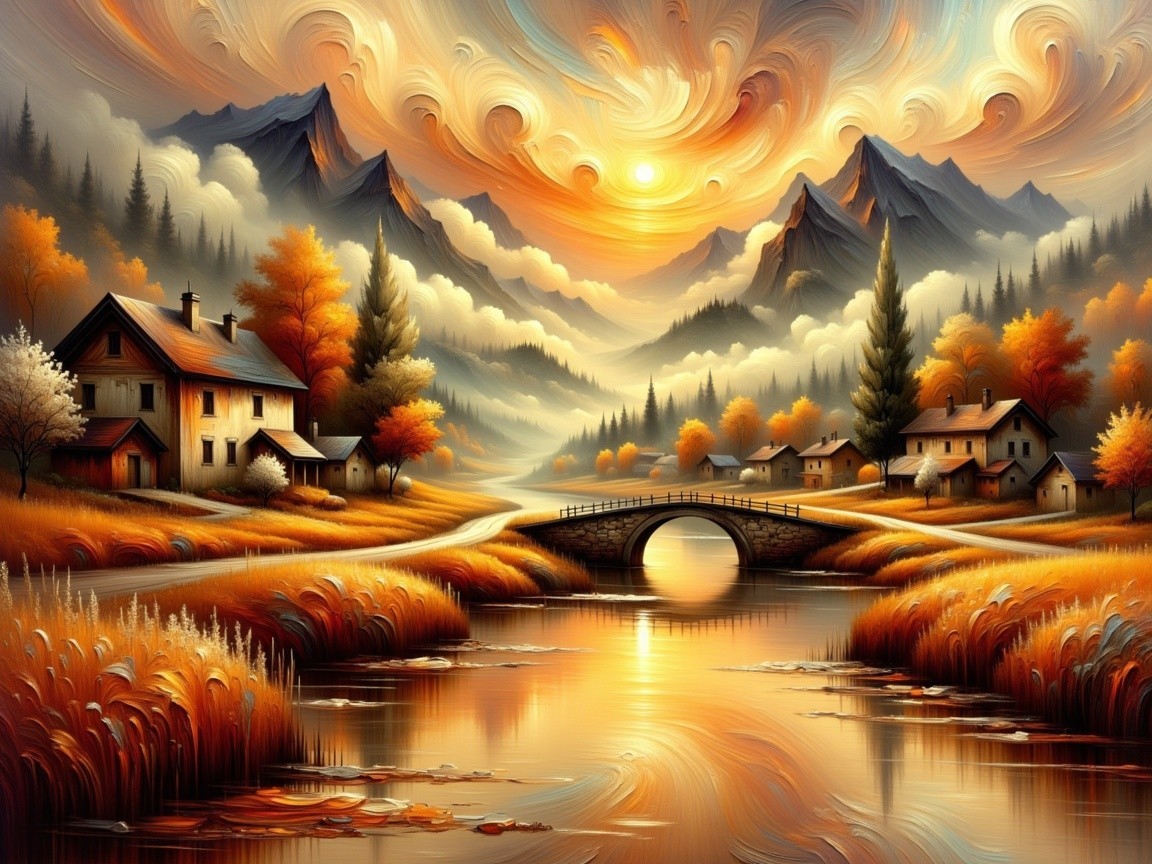 Serene Autumn Landscape with Mountains and River