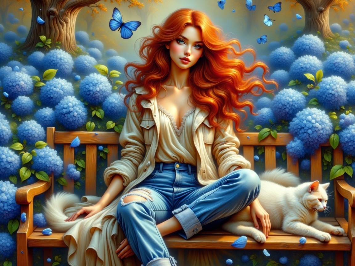 Serene garden scene with a woman and hydrangeas