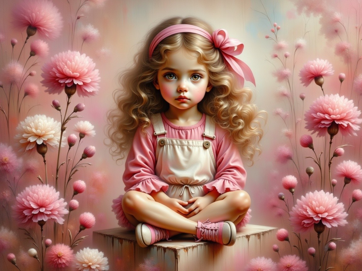 Young girl in pink attire surrounded by flowers