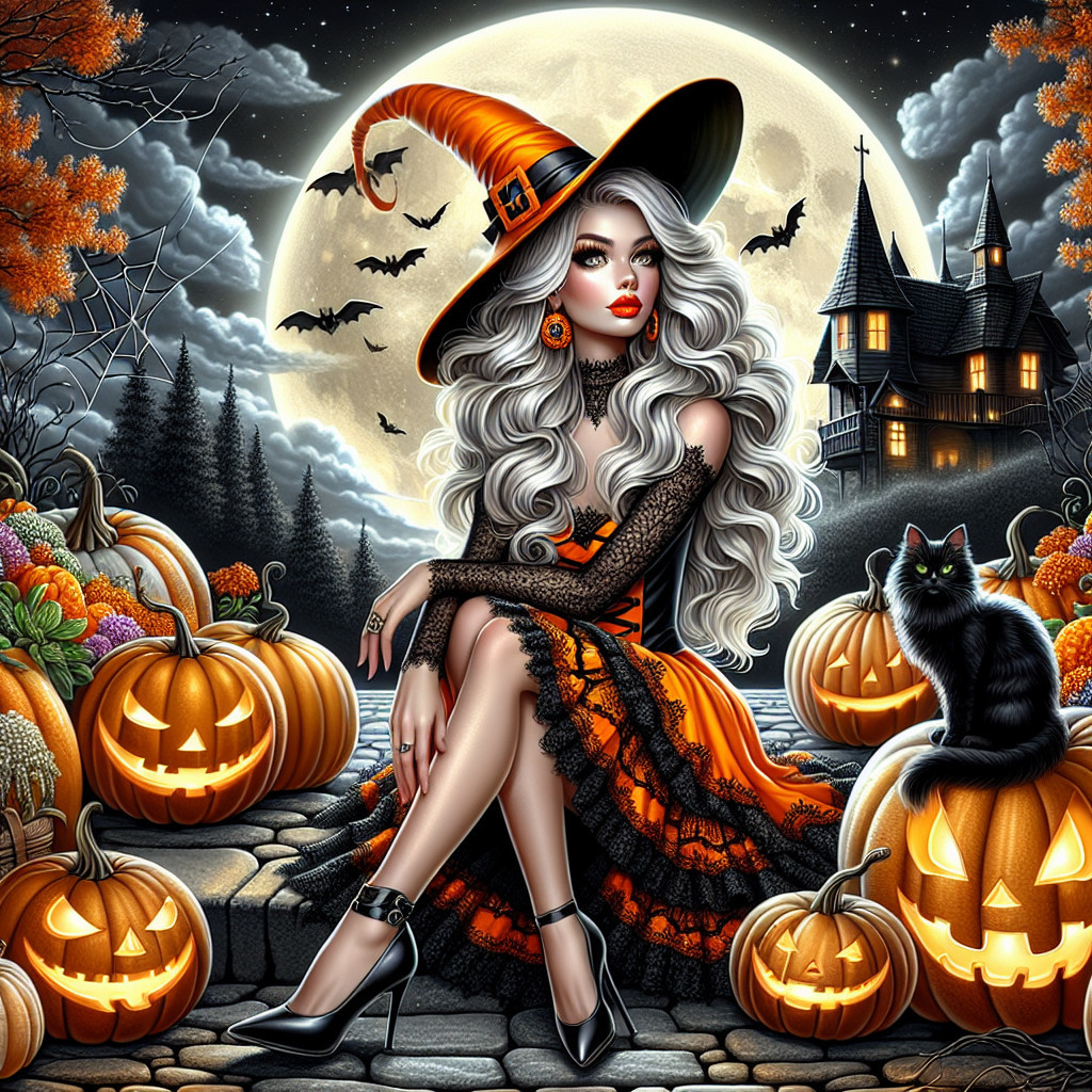 Witch on Cobblestone Path with Pumpkins and Moonlight