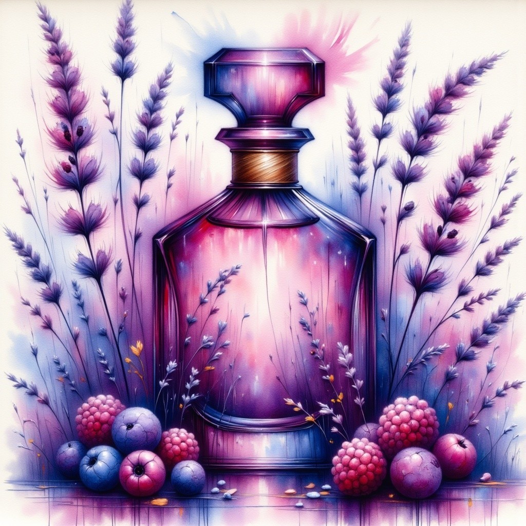 Elegant Perfume Bottle Surrounded by Lavender and Berries