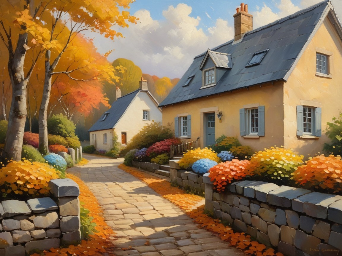 Charming Cottages Amidst Autumn Foliage and Flowers
