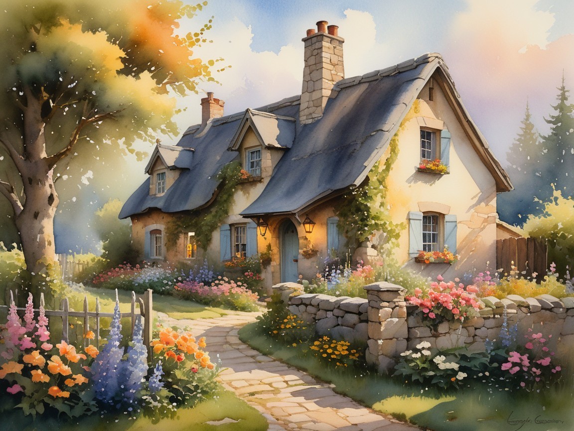 Cottage Surrounded by Colorful Gardens and Trees