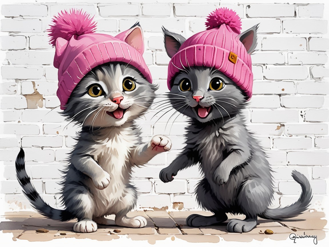 Playful Cartoon Kittens with Pink Hats Against Wall
