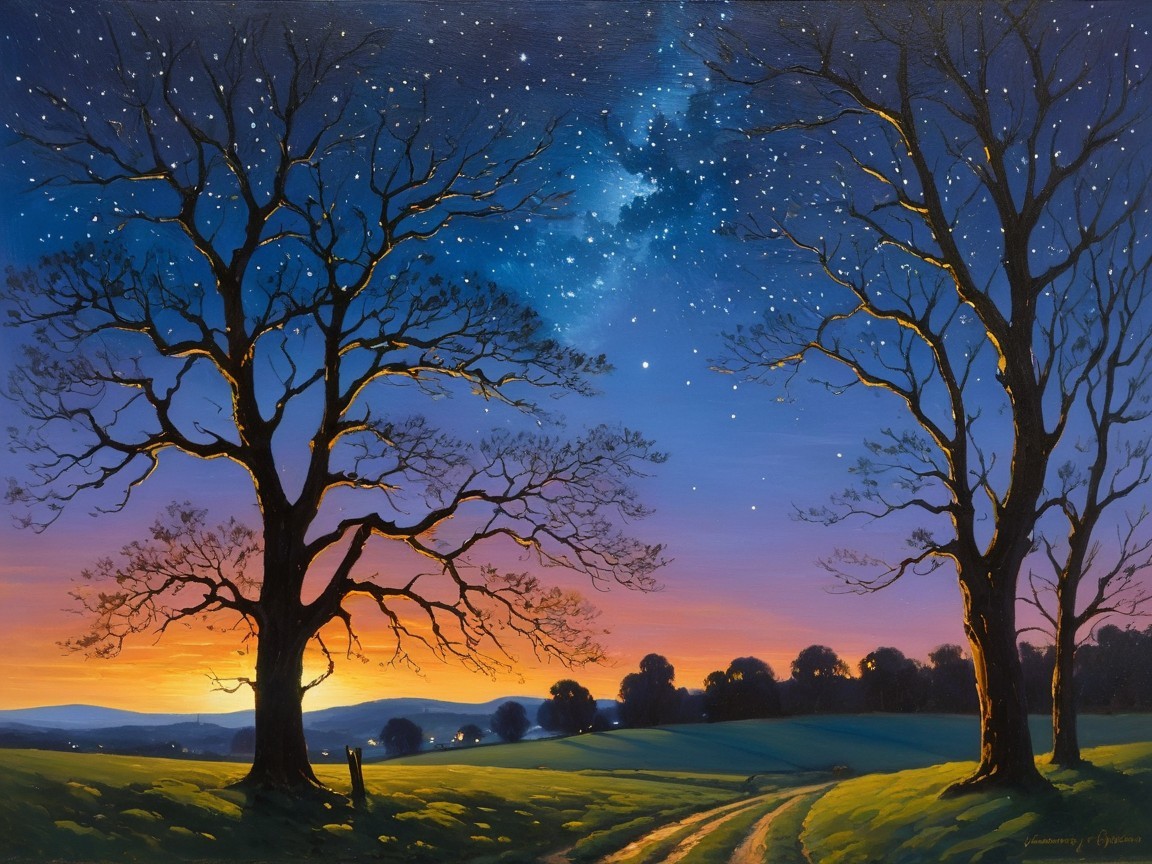 Twilight Landscape with Silhouetted Trees and Stars