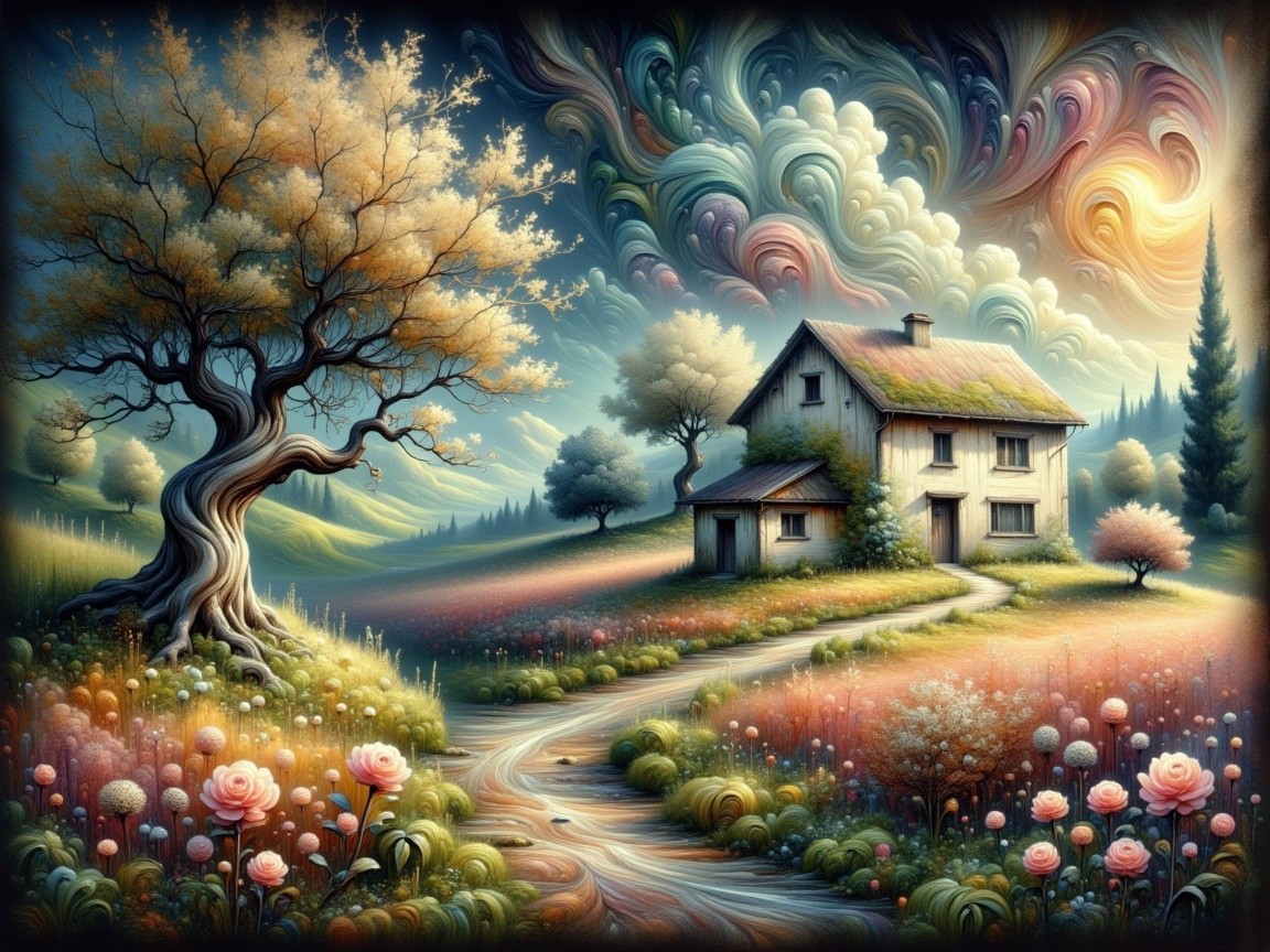 Quaint House Surrounded by Vibrant Flowers and Trees