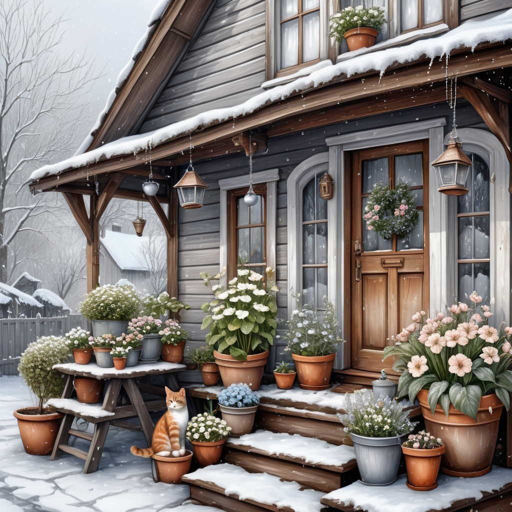 Wooden House in Snowy Landscape with Cozy Porch