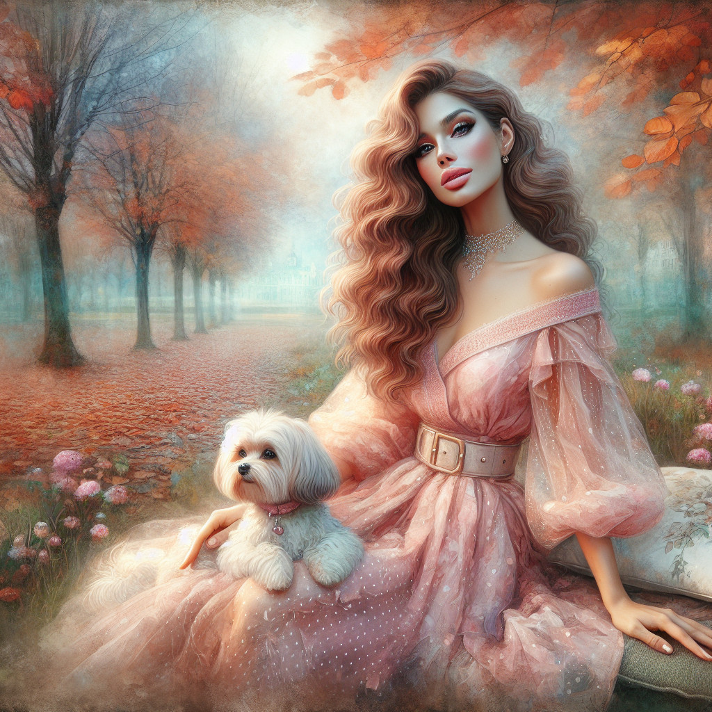 Autumn Scene with Woman in Pink Gown and Dog
