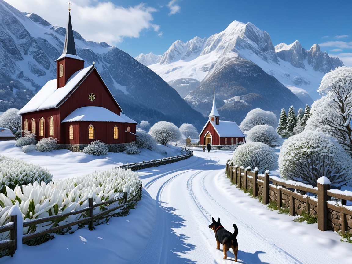 Winter Landscape with Red Church and Snowy Mountains