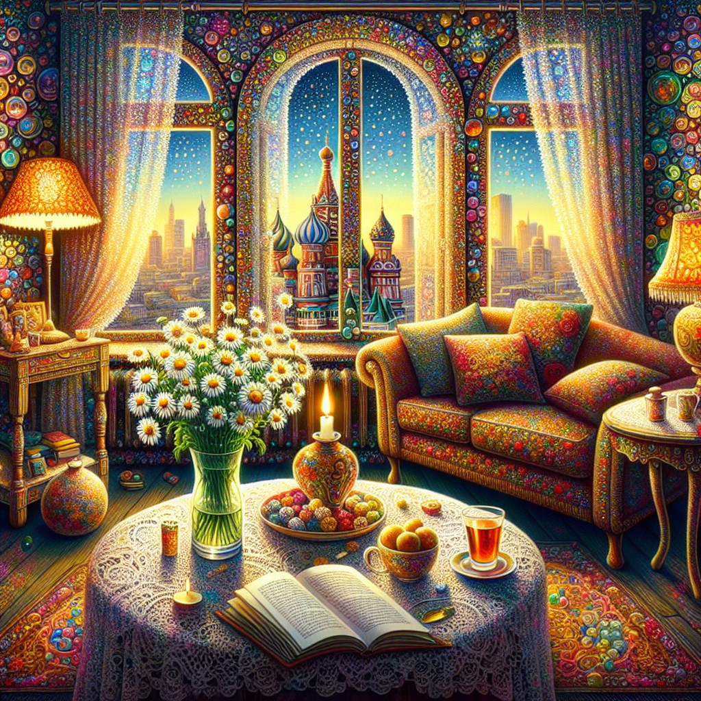 Vibrant Cozy Interior with City Skyline at Sunset