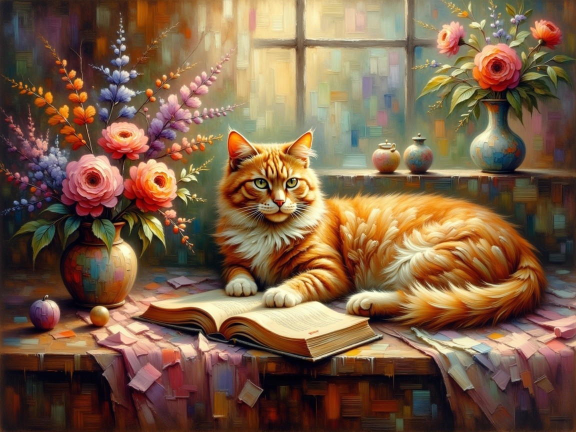 Fluffy orange cat on book with flowers and sunlight