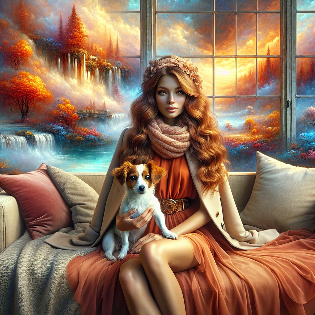 Indoor Scene with Woman, Dog, and Autumn Landscape