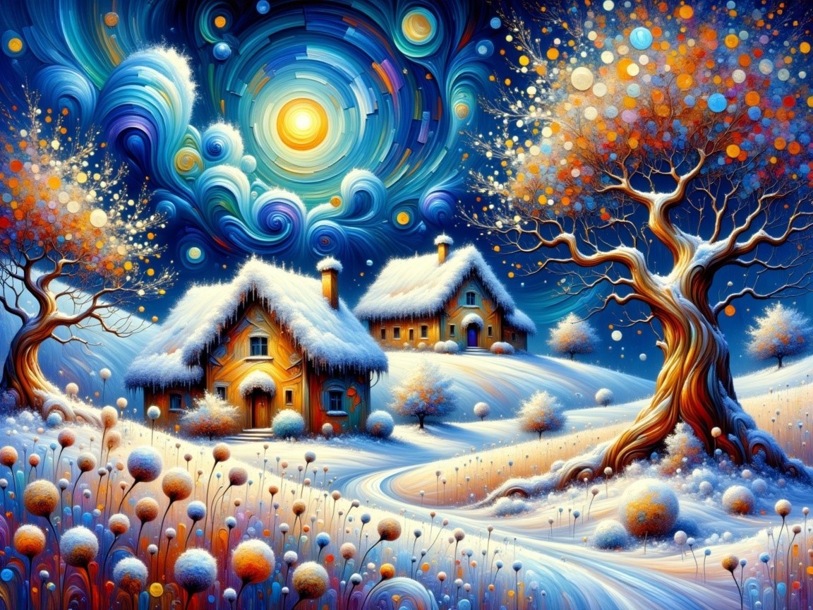 Winter Landscape with Cottages and Starry Sky