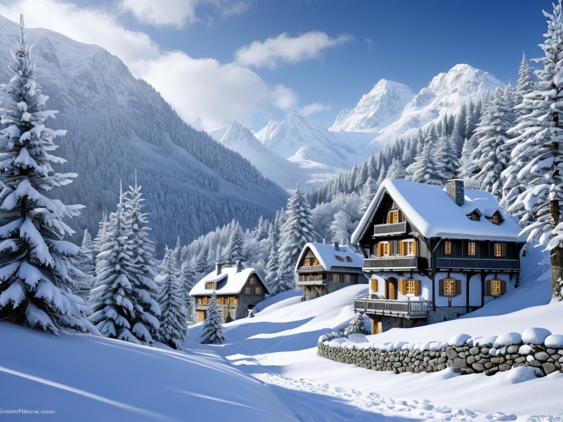 Winter Village Scene with Snowy Mountains and Chalets