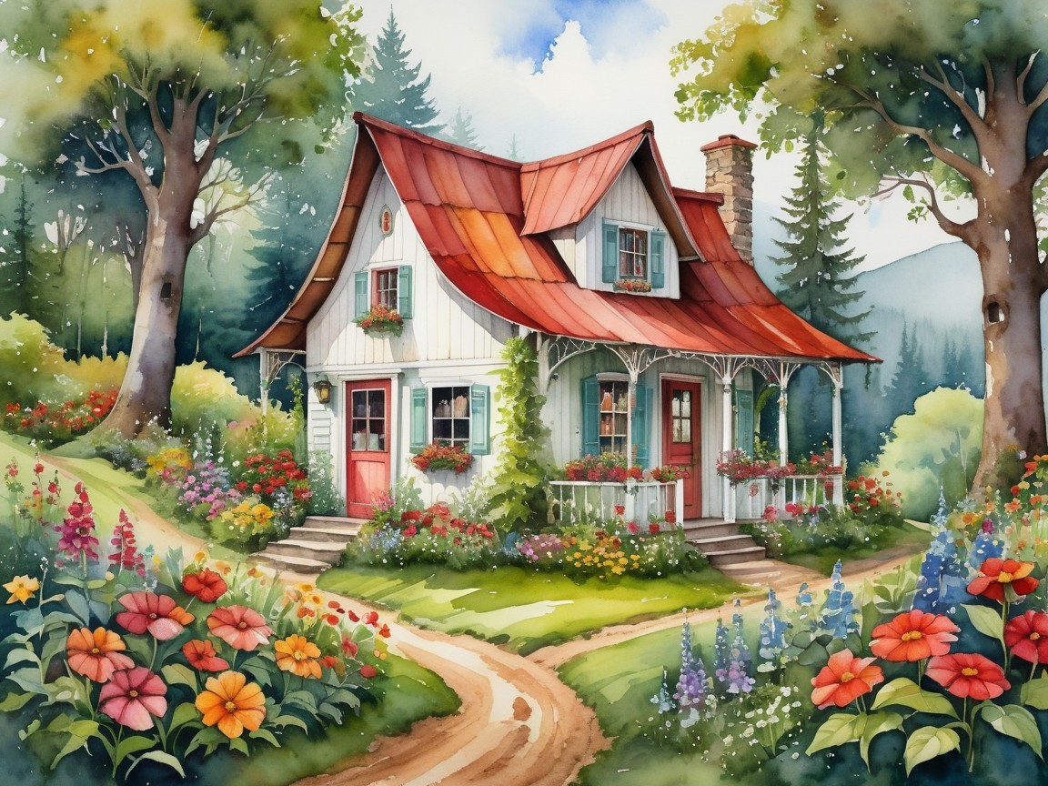 Charming Cottage Surrounded by Lush Garden and Flowers