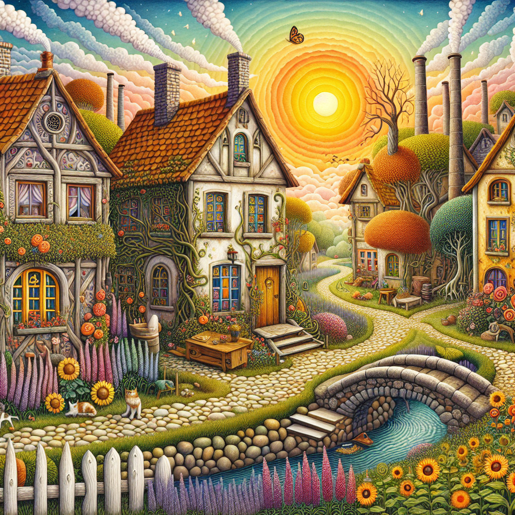 Charming Village Scene with Colorful Houses and Gardens