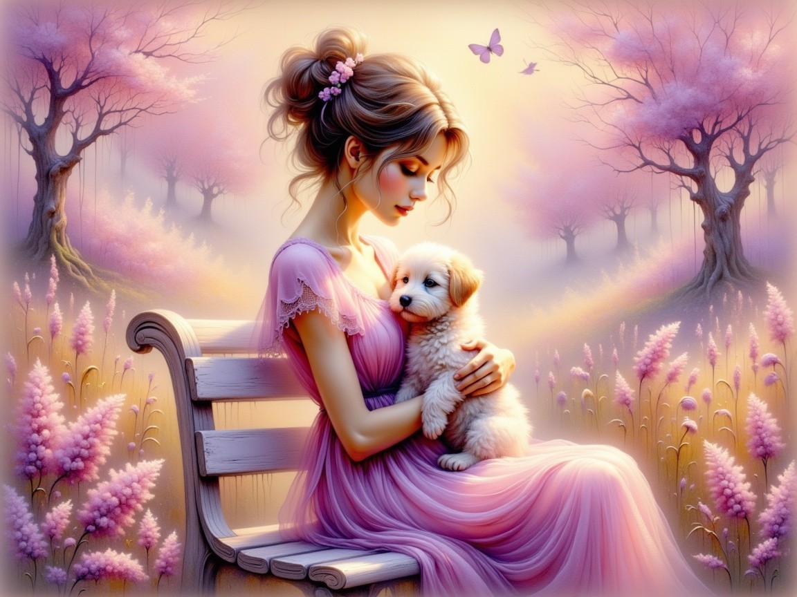 Young Woman with Puppy in Serene Pink Landscape