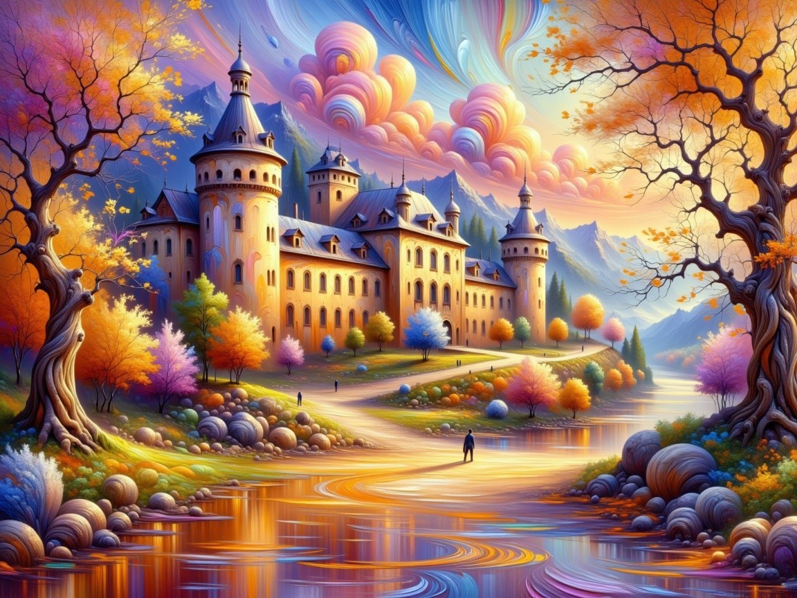 Vibrant Castle in Colorful Autumn Landscape
