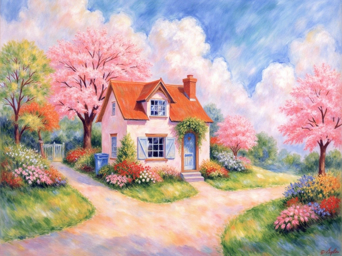Charming Cottage Surrounded by Cherry Blossoms and Flowers