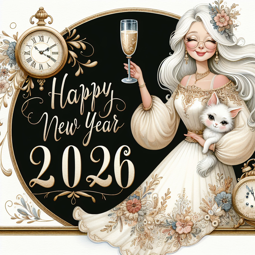 Illustration of a Woman in White Dress Celebrating New Year