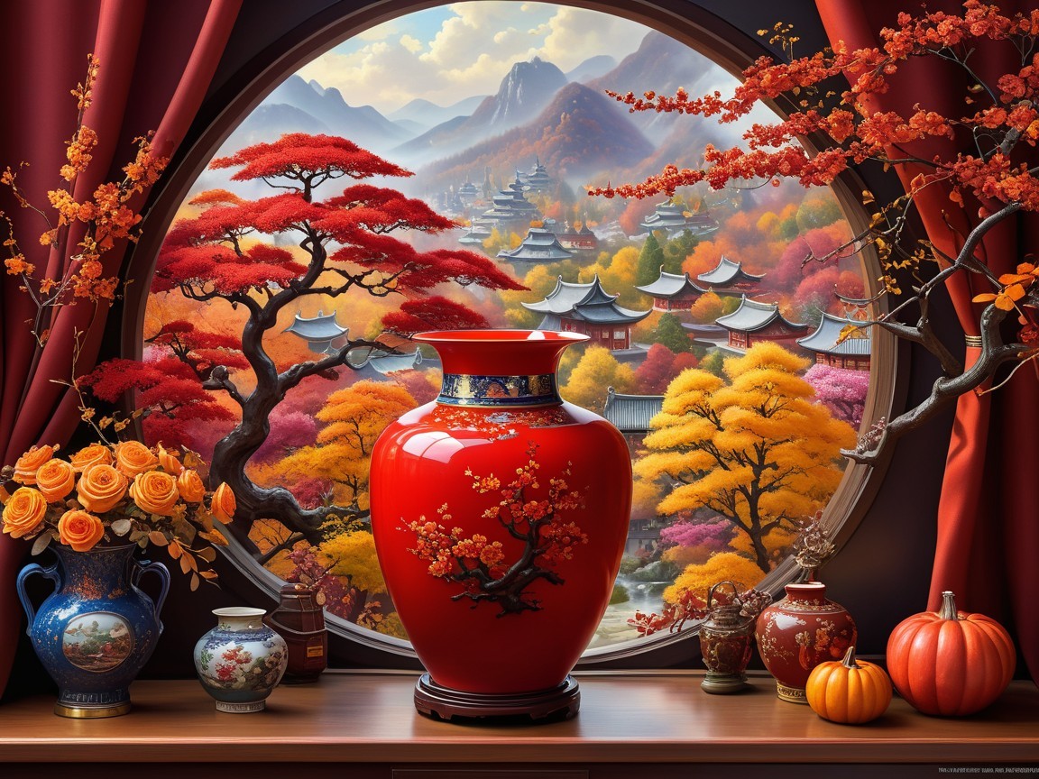 Circular Window View of Autumn Landscape and Decor