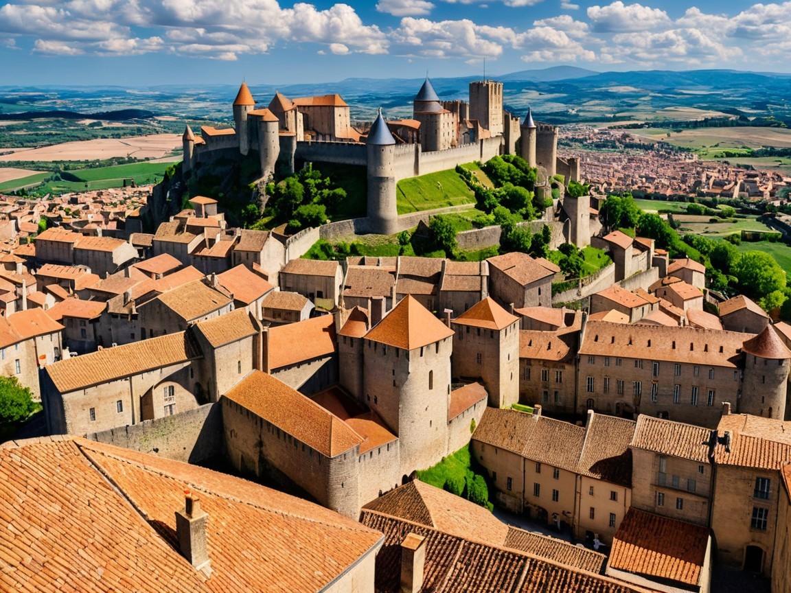 Aerial View of a Medieval Fortress on a Hilltop