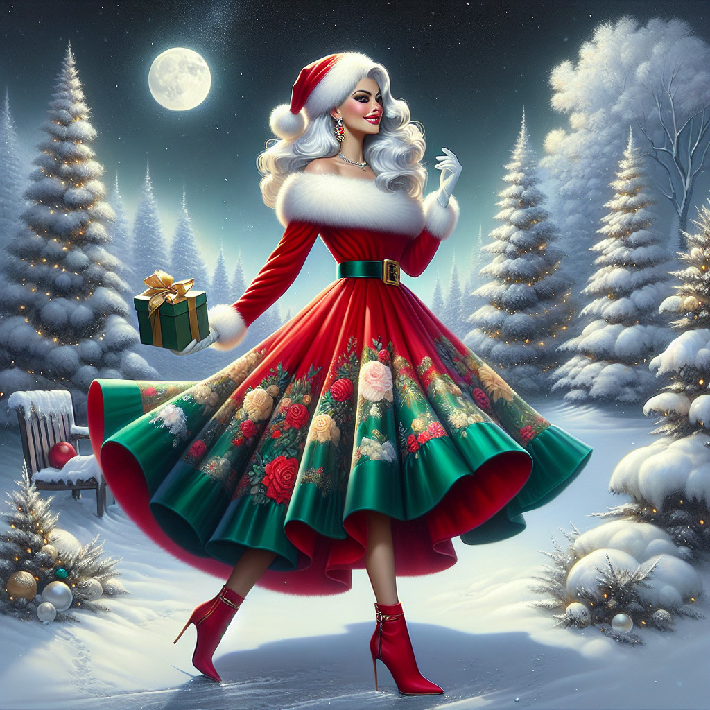 Glamorous Woman in Vintage Red Dress in Winter Scene