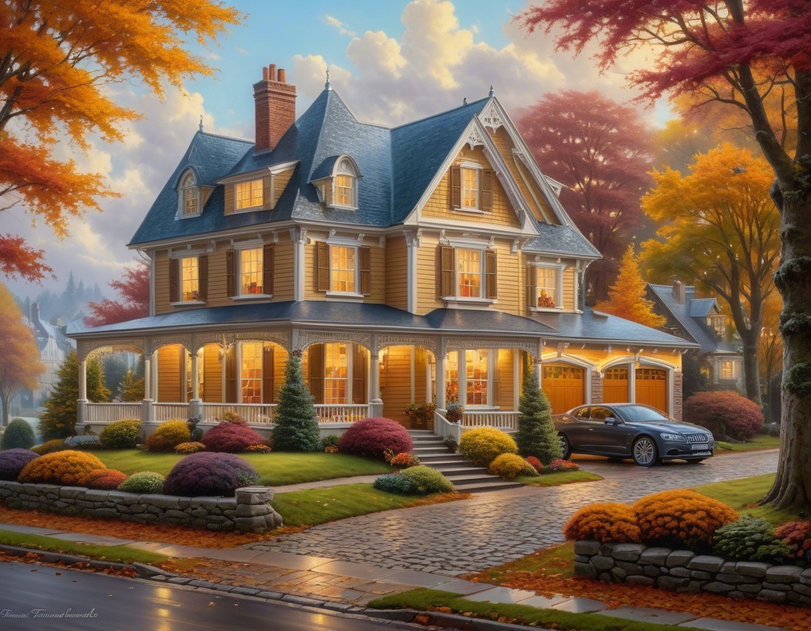 Victorian House Surrounded by Autumn Foliage and Decor