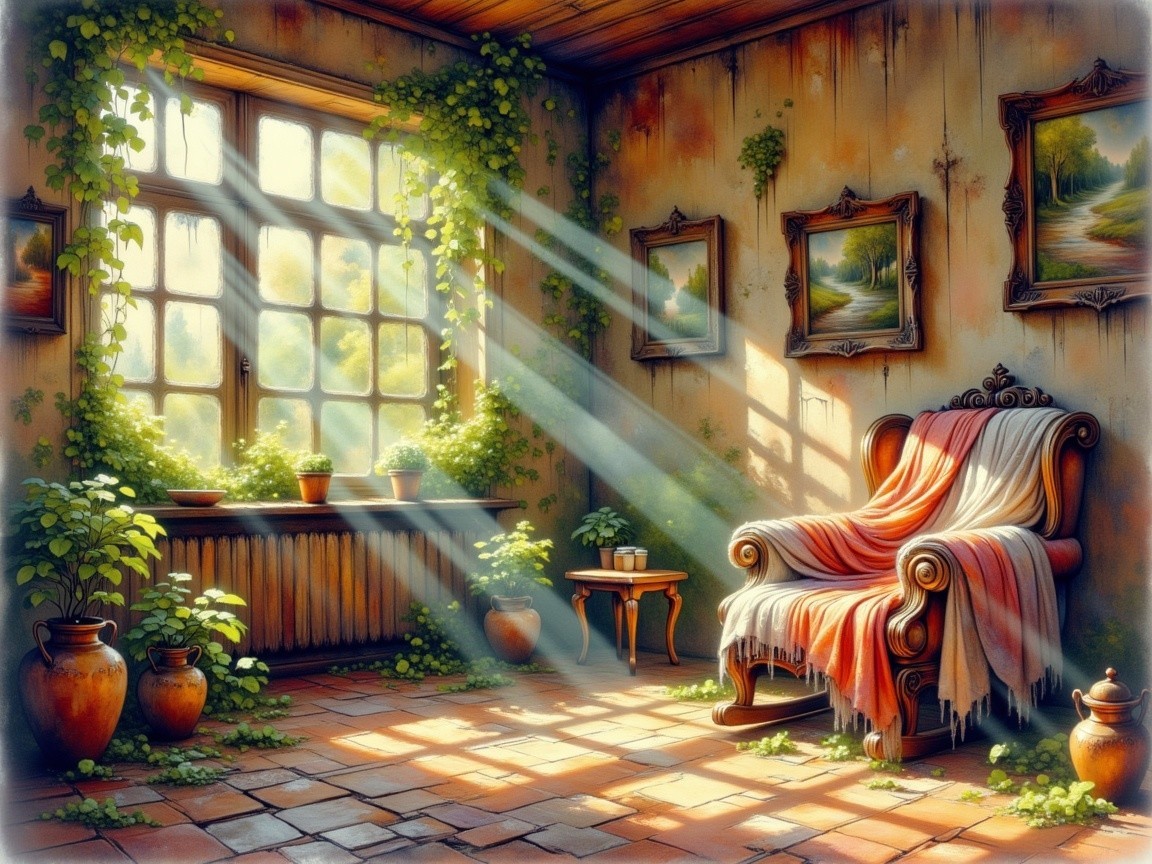 Rustic Sunlit Room with Plants and Cozy Decor