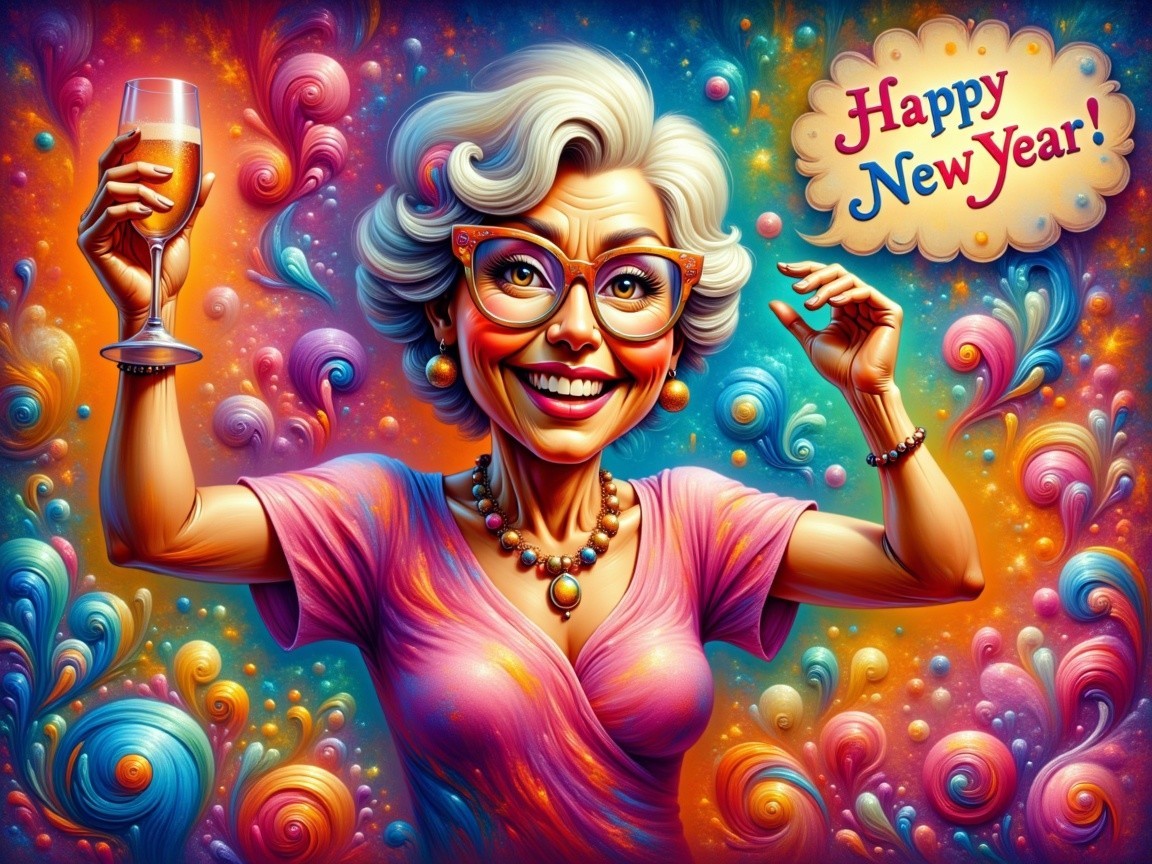 Vibrant Digital Painting of Joyful Elderly Woman