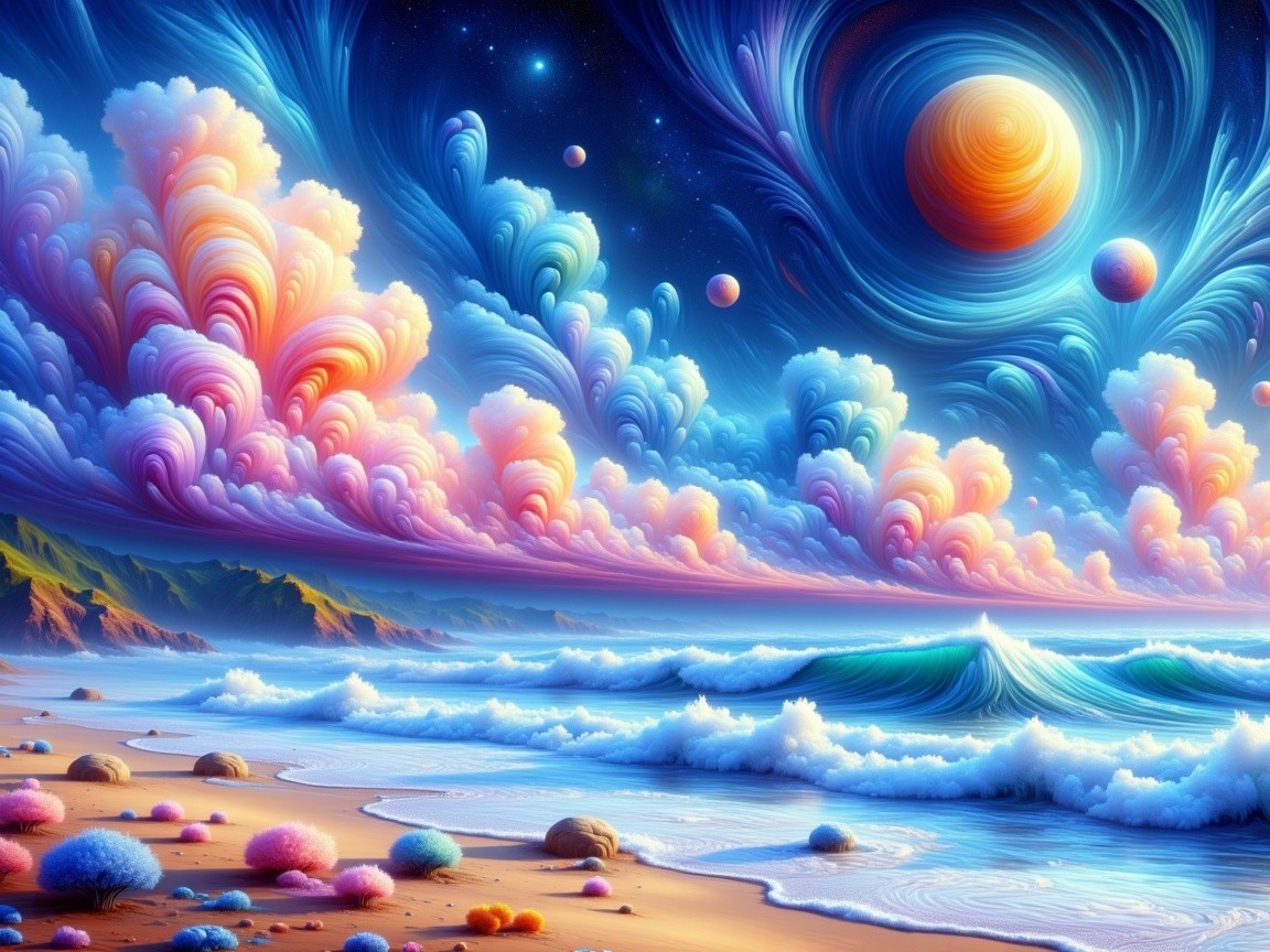 Surreal Beach Scene with Cosmic Sky and Planet