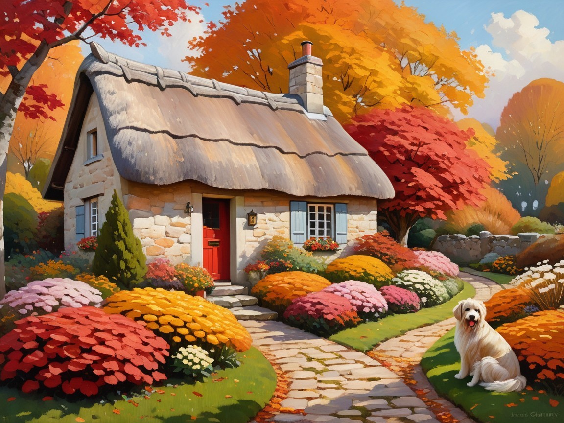 Cozy Thatched-Roof Cottage in Autumn Foliage