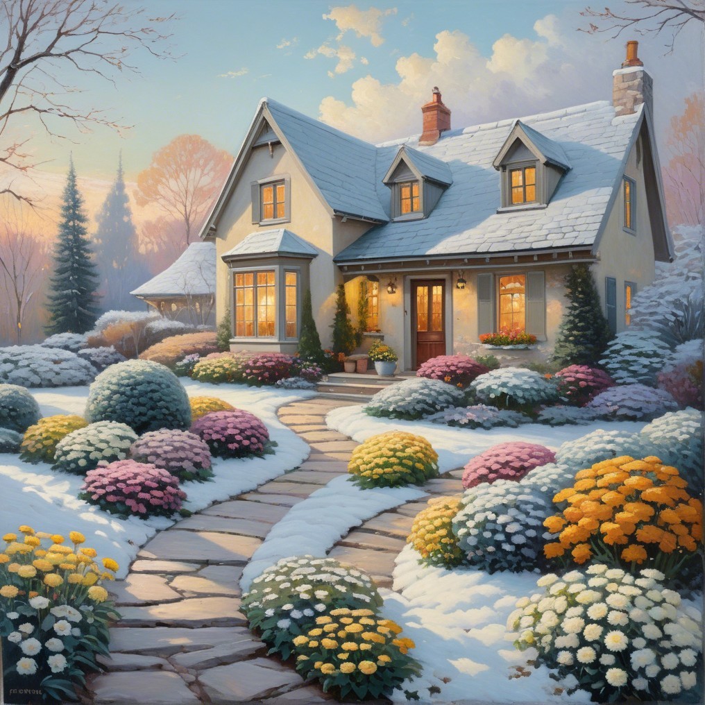 Cottage in Winter Wonderland with Vibrant Flowerbeds