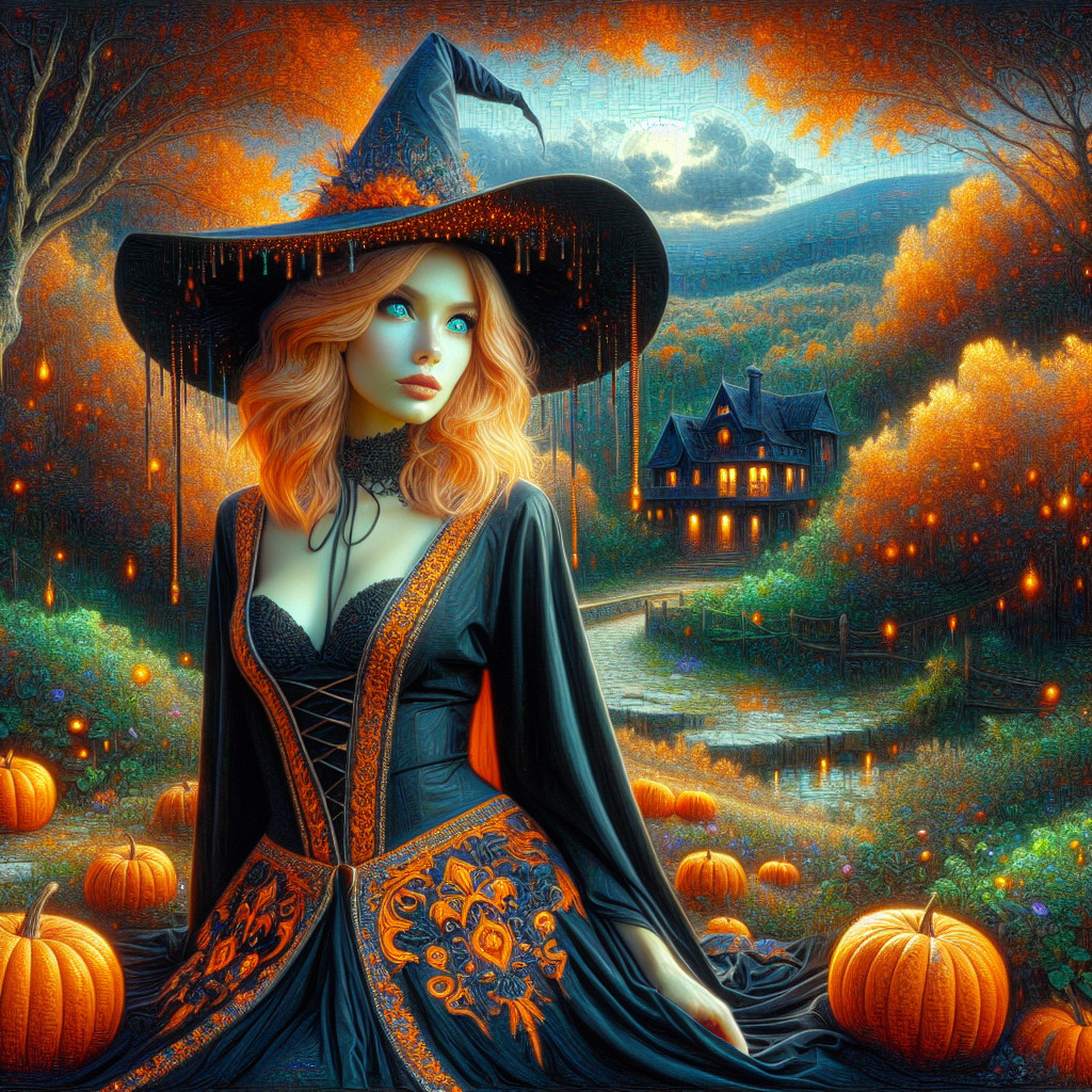 Enchanting Witch in a Moonlit Autumn Scene