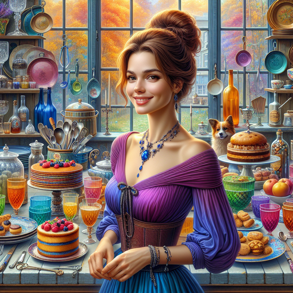 Charming Woman in Colorful Kitchen with Autumn Foliage