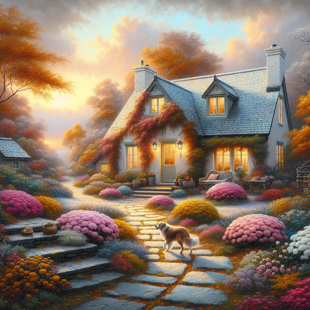 Cottage in Autumn Landscape with Vibrant Flowers