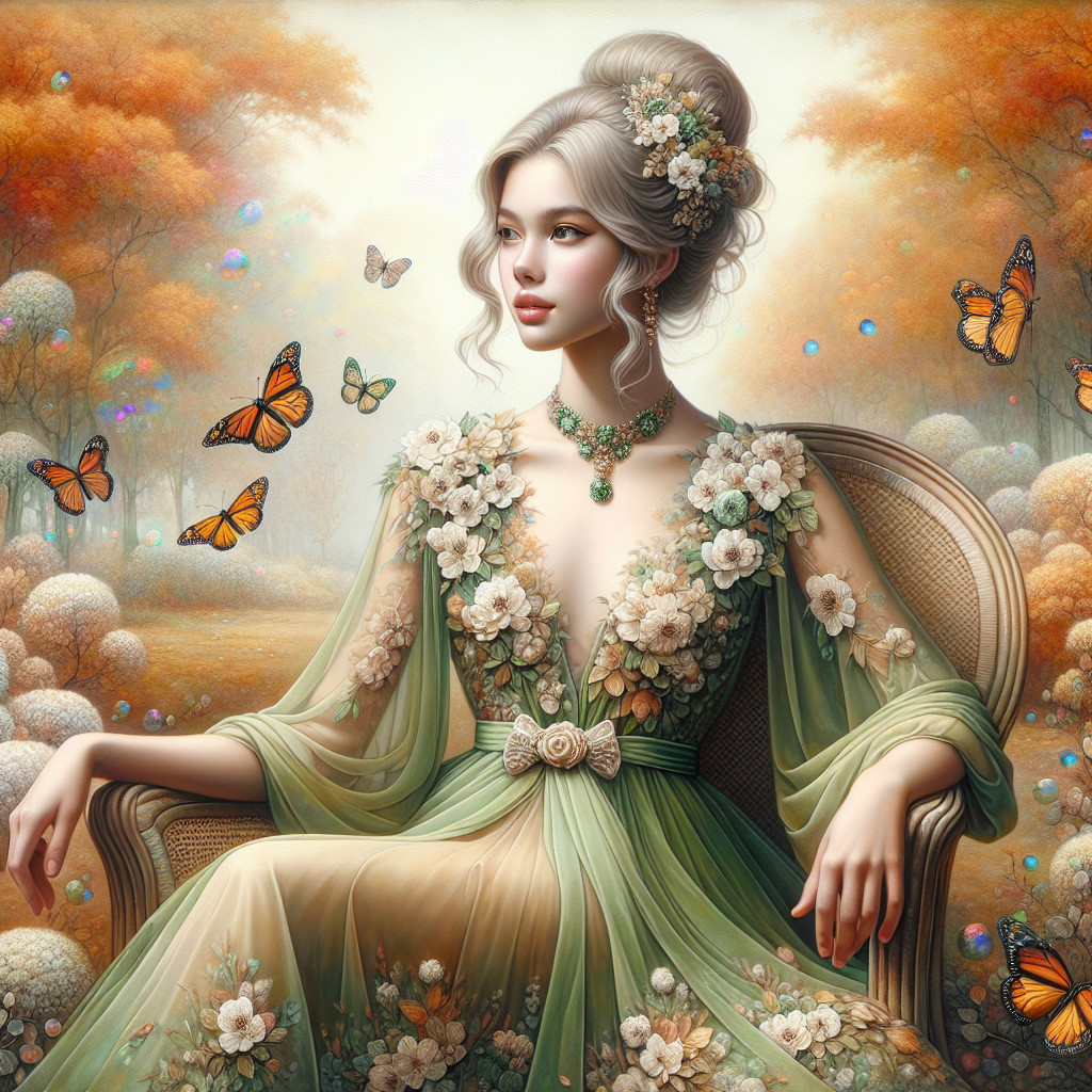 Serene Woman in Floral Gown Surrounded by Nature
