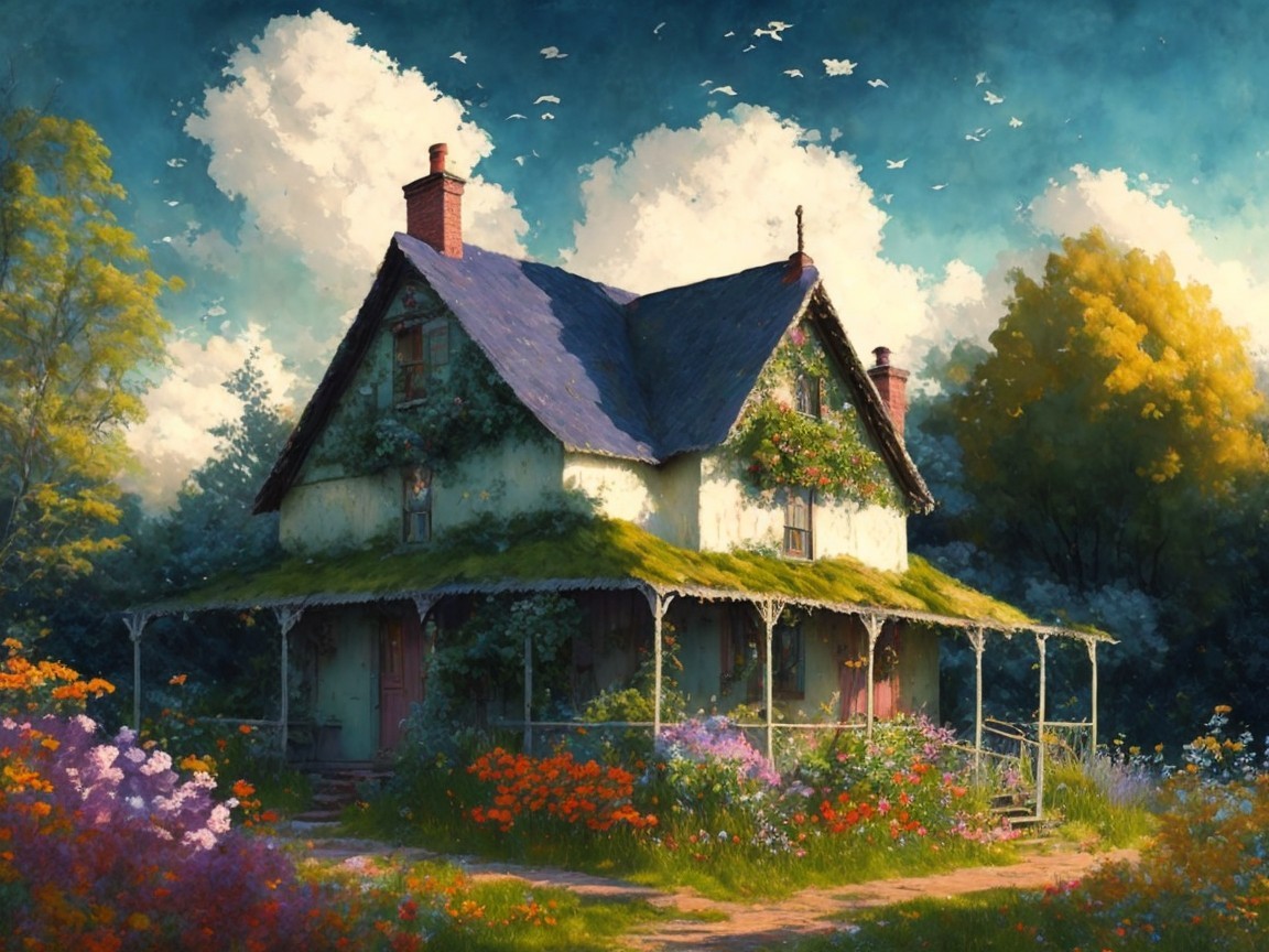 Charming Cottage Surrounded by Vibrant Flowers and Greenery