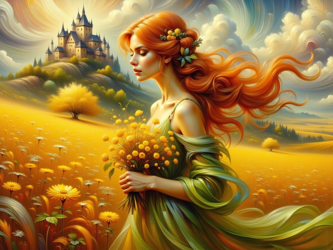 Woman in green gown with flowers in golden field