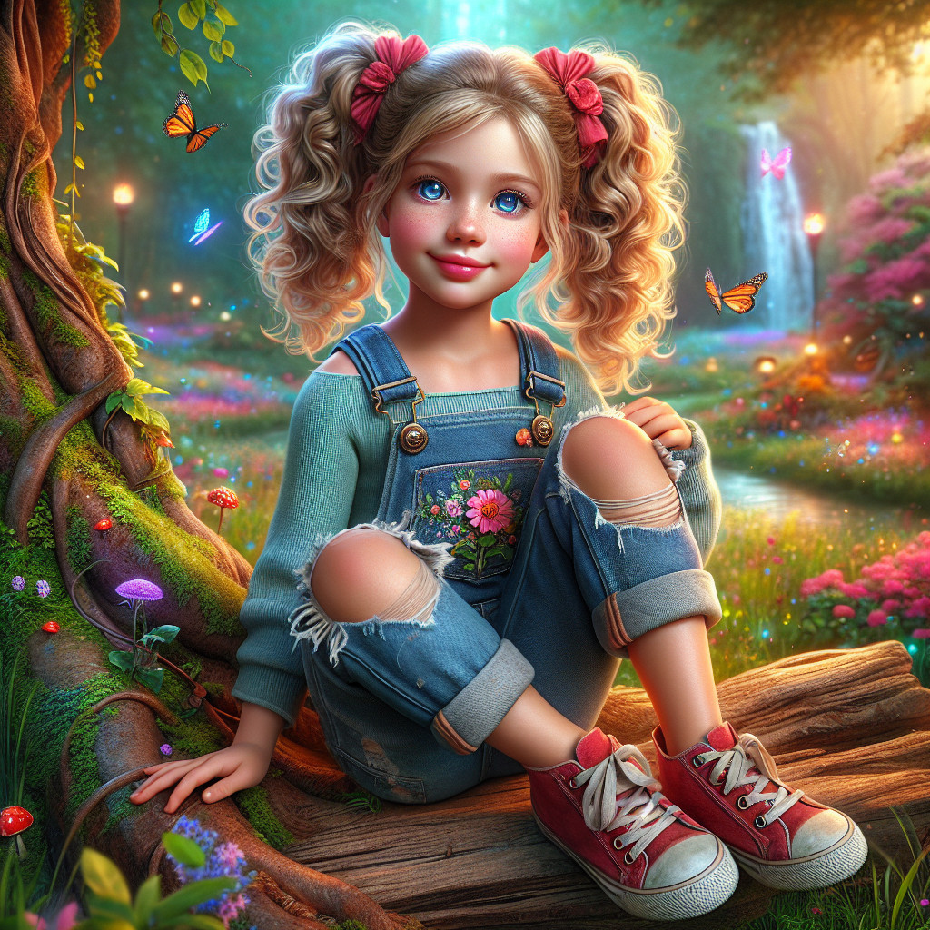 Cheerful girl in enchanted forest with flowers and butterflies