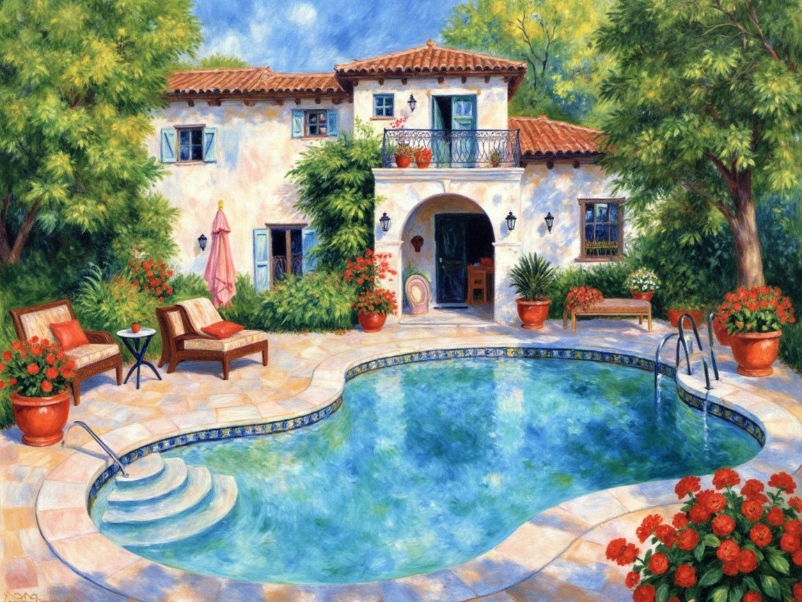 Mediterranean Villa with Pool and Lush Greenery