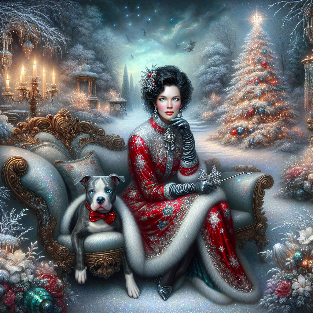 Glamorous Woman in Red Gown with Winter Scene