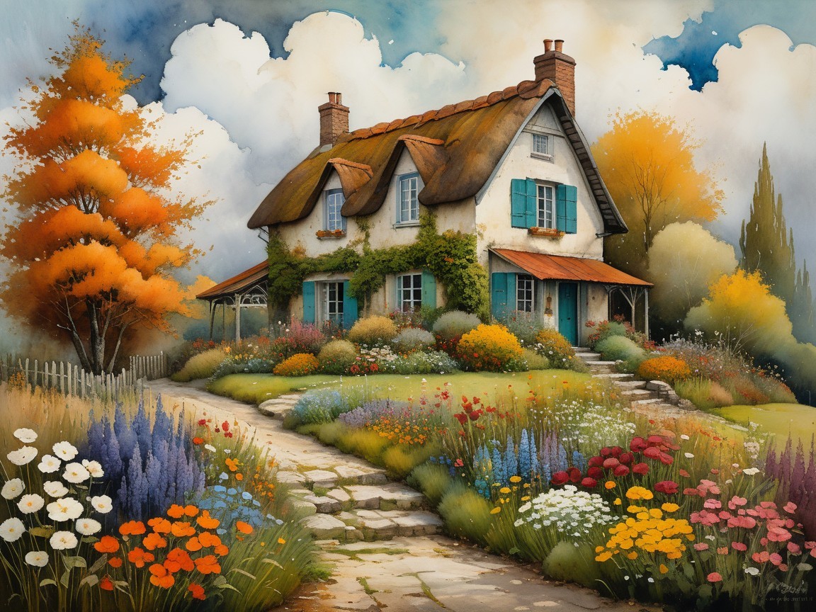 Charming Cottage Surrounded by Vibrant Garden and Trees