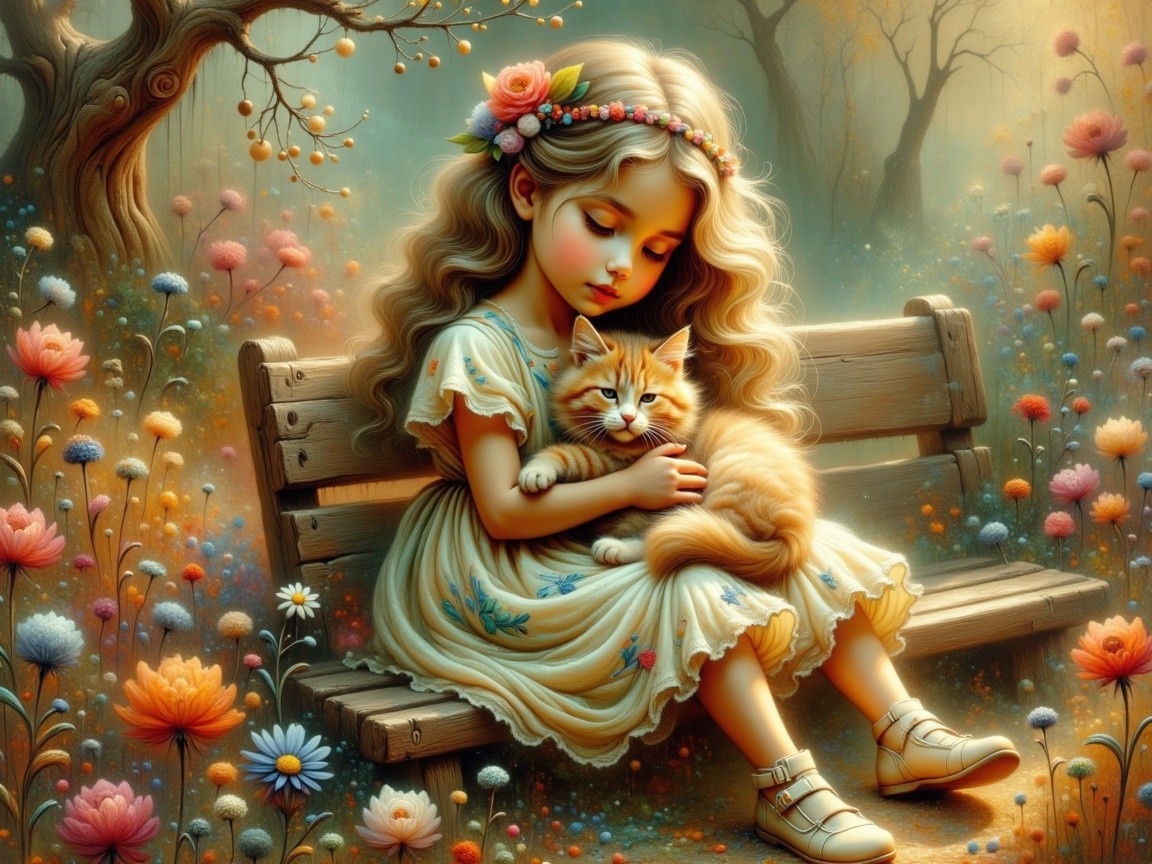 Young girl with kitten in an enchanted garden setting