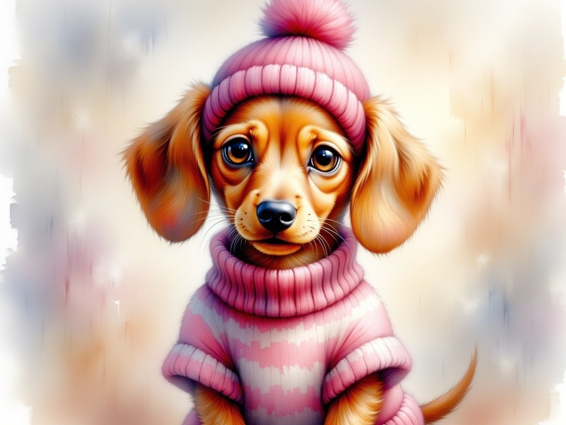 Charming puppy in pink hat and sweater with soft fur