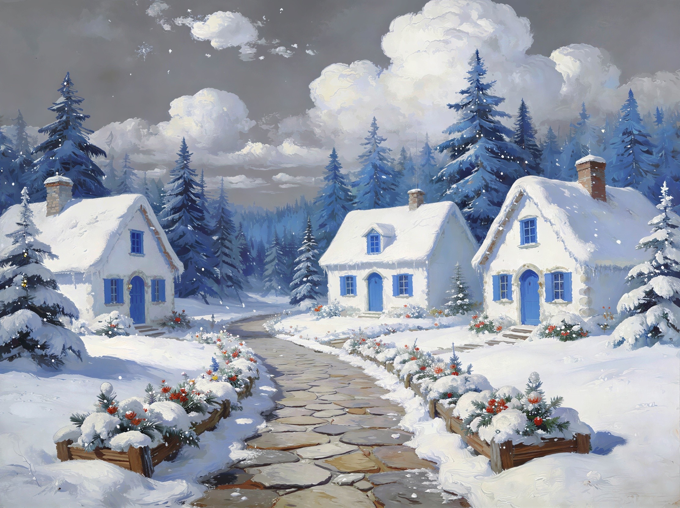 Winter Wonderland Painting of Snowy Cottages and Trees