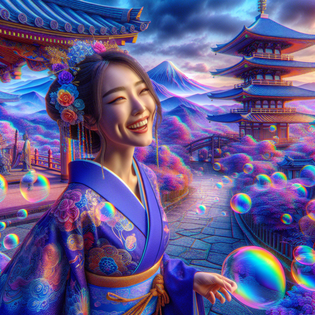 Young Woman in Kimono in Colorful Landscape with Fuji