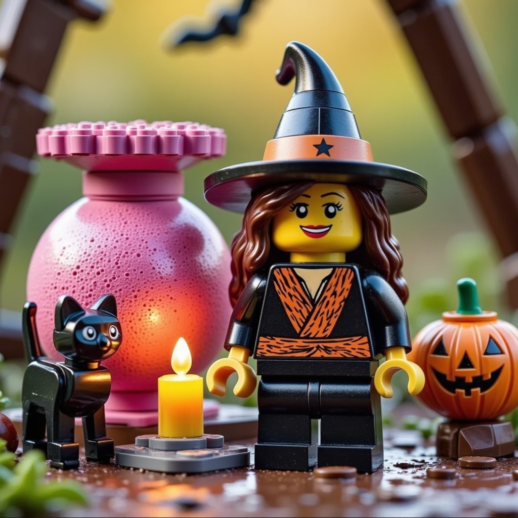 LEGO Halloween Scene with Witch, Cat, and Pumpkin
